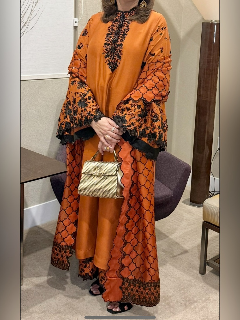 Embroidered Orange Long-Sleeve Women's Dress with Black Accents